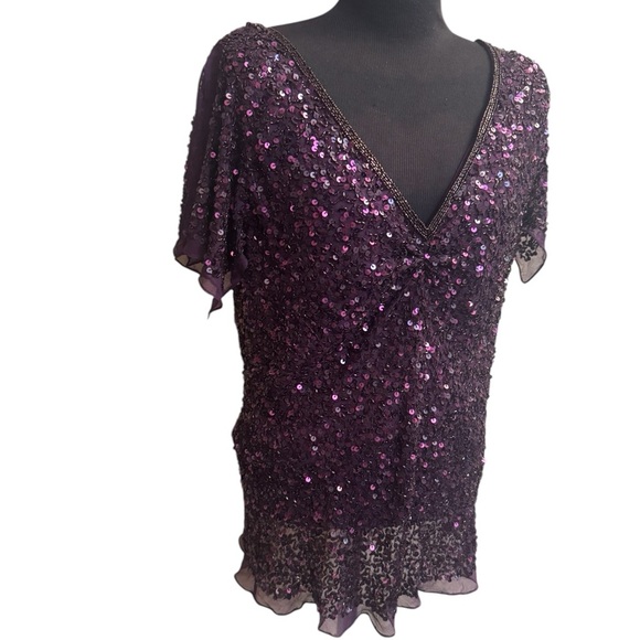 ADRIANNA PAPELL Silk Sequin Purple V Neck Formal Dressy Cocktail Top LG Wedding - Picture 10 of 17